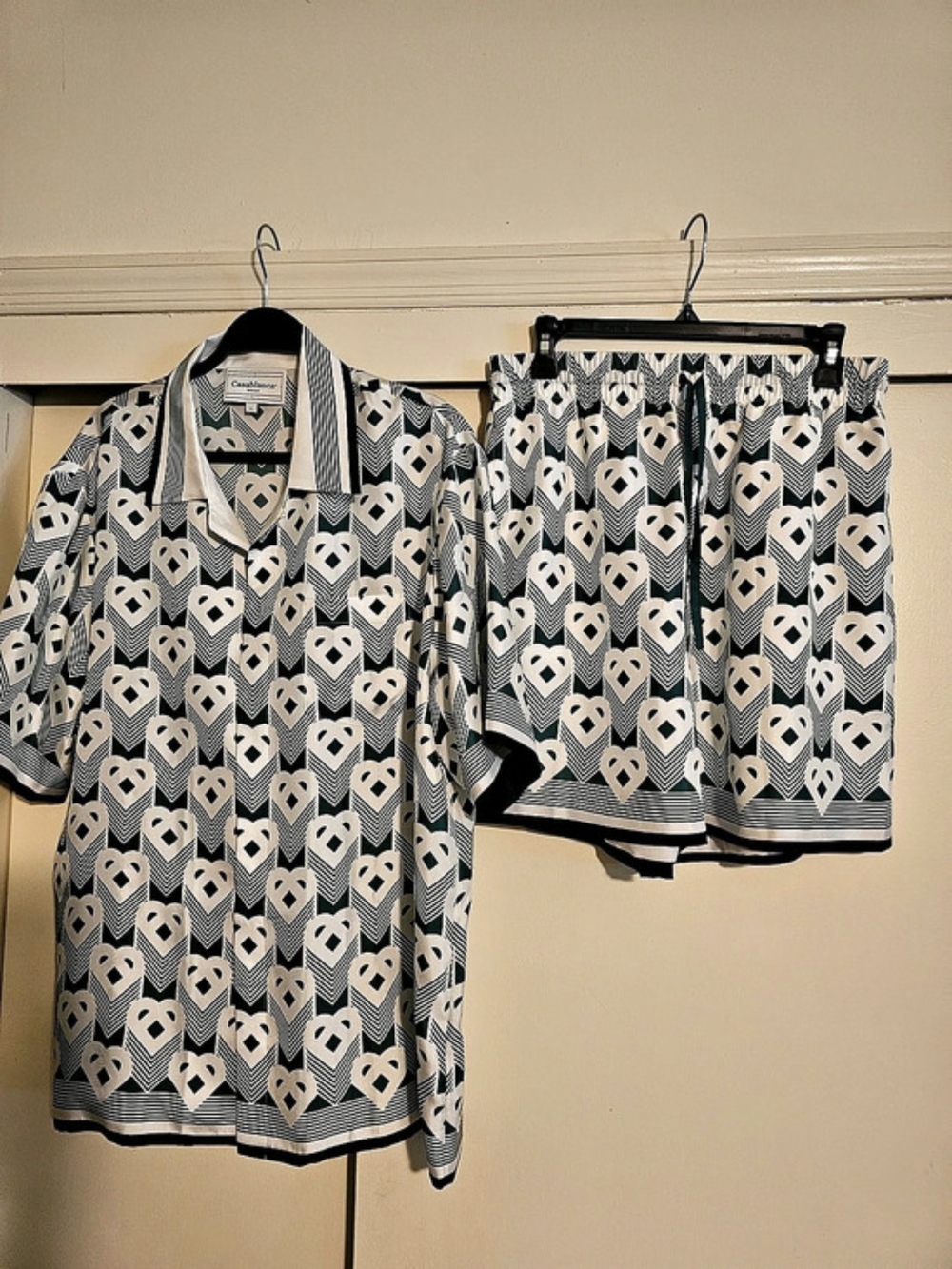 Casablanca Heart Monogram Silk Shirt and Shorts Set Green & White Large